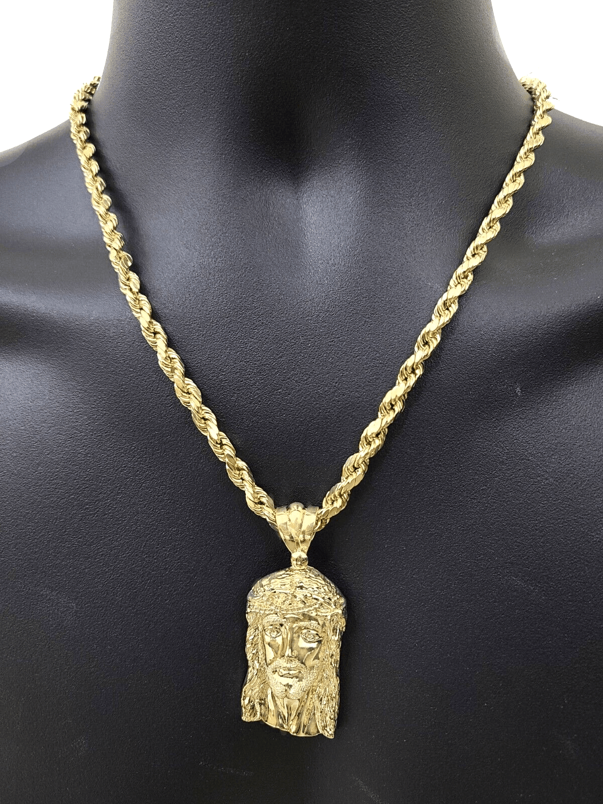 10k Gold Jesus Head Charm Rope Chain Necklace 6mm 20'' Set & Pendant 10kt REAL - GoldenlinQ
