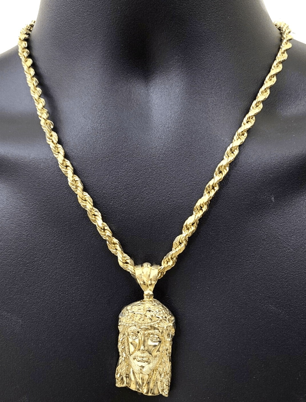 10k Gold Jesus Head Charm Rope Chain Necklace 6mm 24'' Set & Pendant 10kt REAL - GoldenlinQ