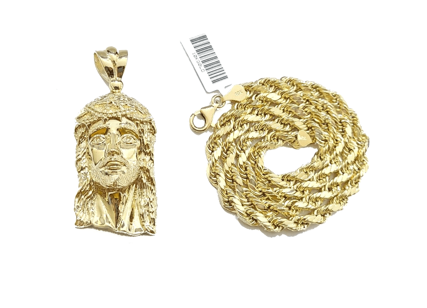 10k Gold Jesus Head Charm Rope Chain Necklace 6mm 24'' Set & Pendant 10kt REAL - GoldenlinQ