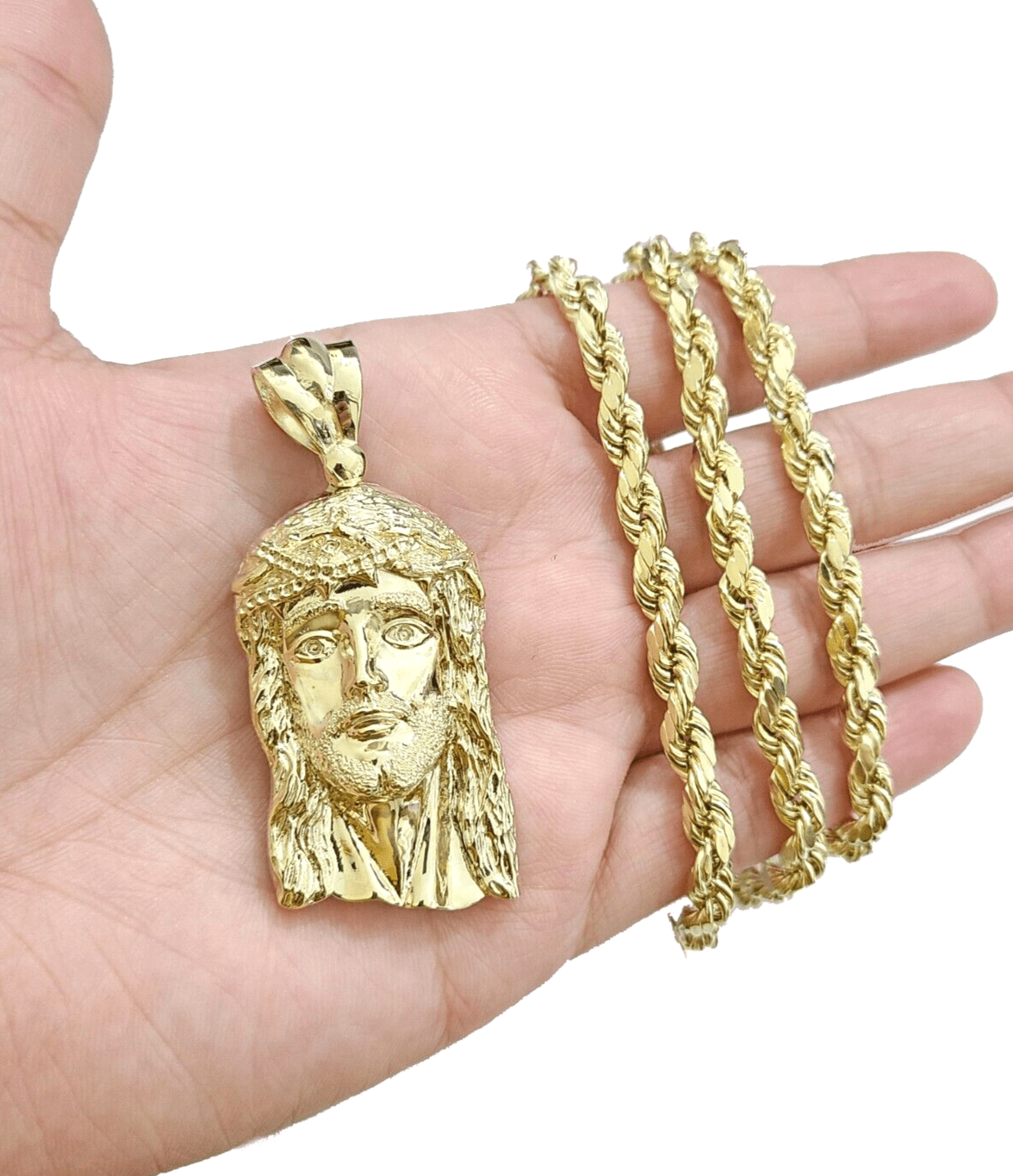 10k Gold Jesus Head Charm Rope Chain Necklace 6mm 26'' Set & Pendant 10kt REAL - GoldenlinQ