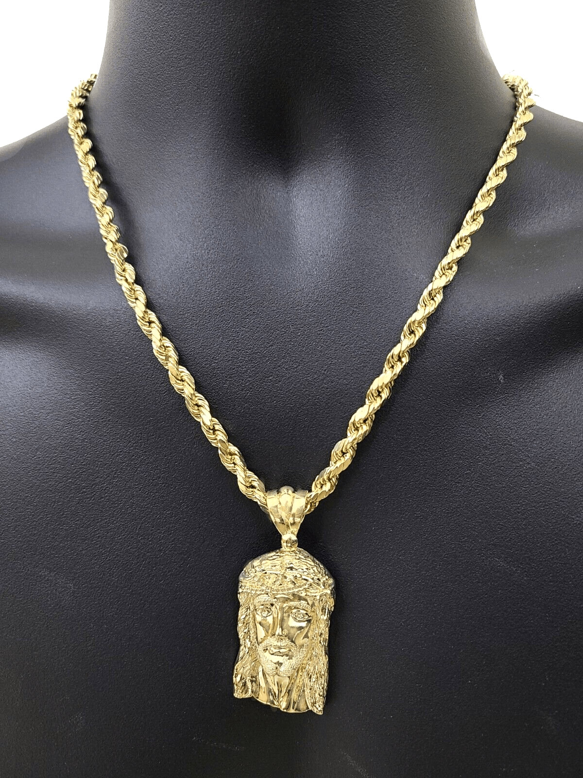 10k Gold Jesus Head Charm Rope Chain Necklace 6mm 26'' Set & Pendant 10kt REAL - GoldenlinQ