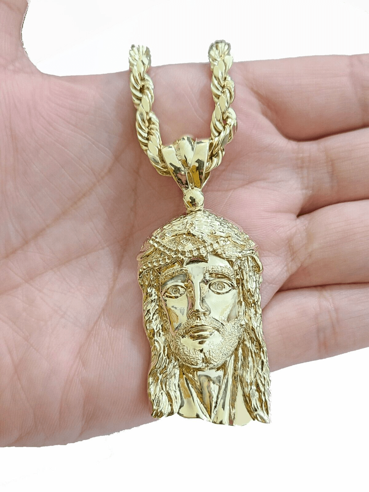 10k Gold Jesus Head Charm Rope Chain Necklace 6mm 28'' Set & Pendant 10kt REAL - GoldenlinQ