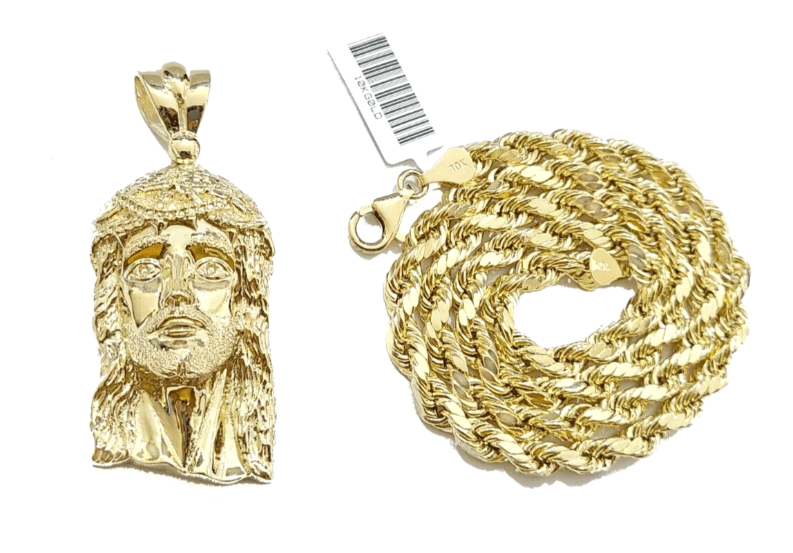 10k Gold Jesus Head Charm Rope Chain Necklace 6mm 28'' Set & Pendant 10kt REAL - GoldenlinQ