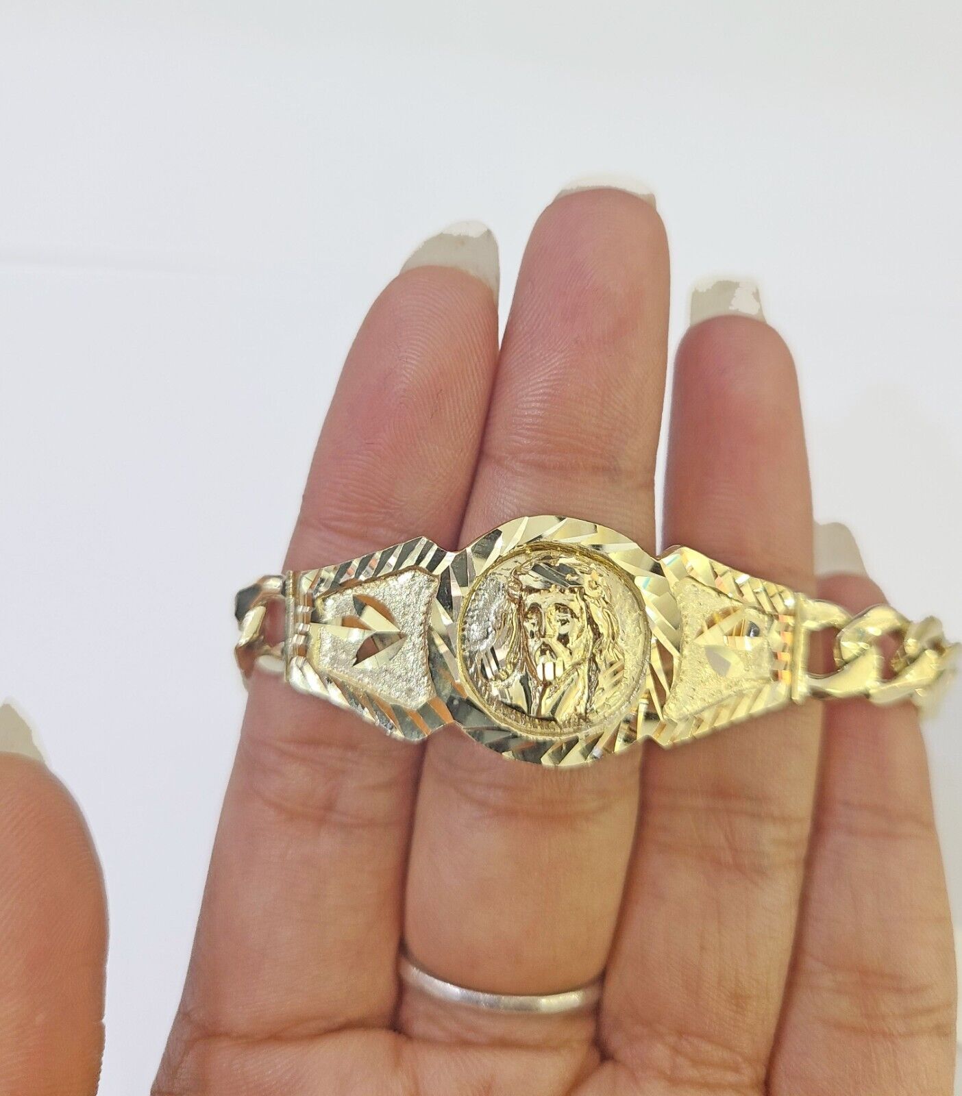 10k Gold Jesus Head Cuban Curb Bracelet Size 8.6" Inches 8mm 10kt Mens Ladies - GoldenlinQ