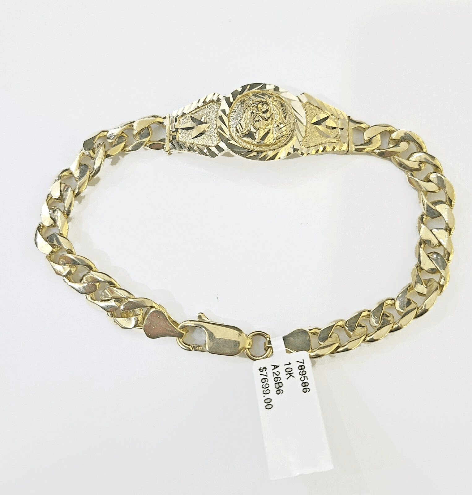 10k Gold Jesus Head Cuban Curb Bracelet Size 8.6" Inches 8mm 10kt Mens Ladies - GoldenlinQ