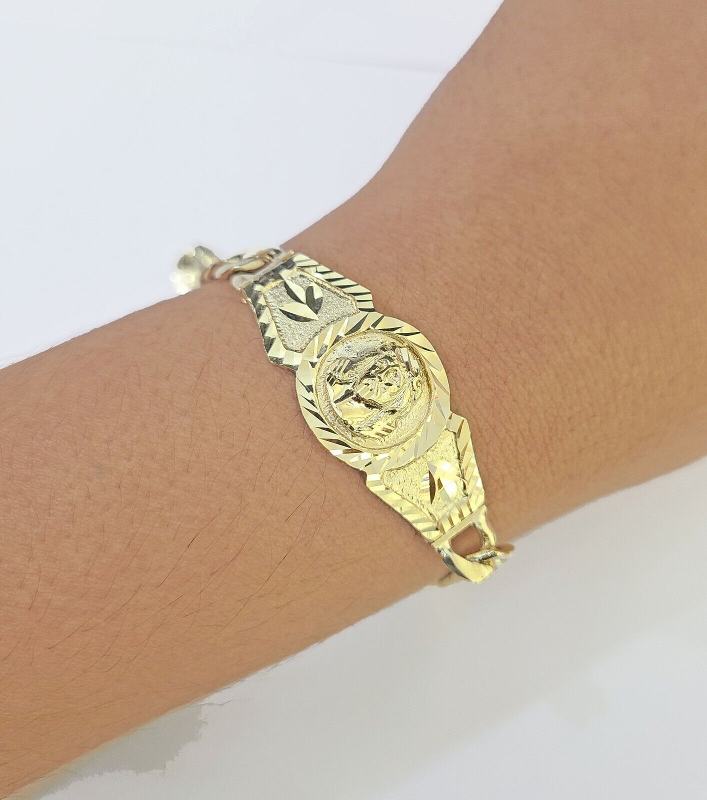 10k Gold Jesus Head Cuban Curb Bracelet Size 8.6" Inches 8mm 10kt Mens Ladies - GoldenlinQ