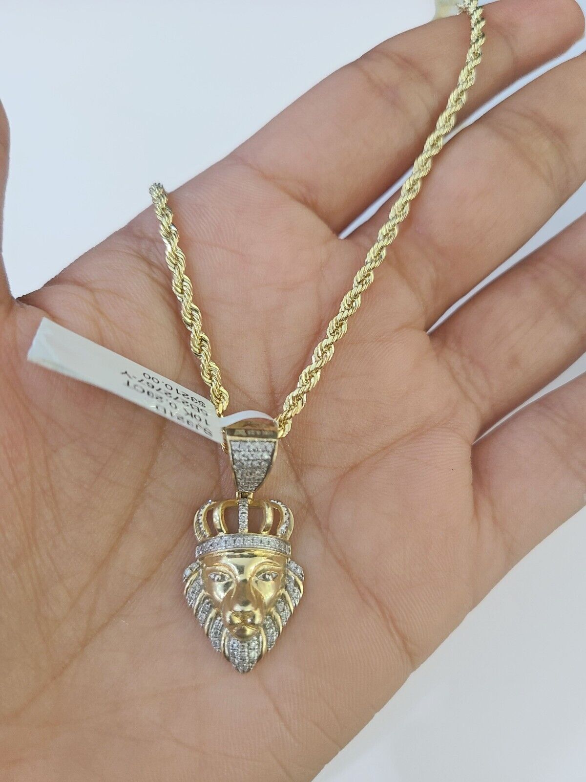 10k Gold Lion Head Diamond Charm and 2.5mm 18 Inches Rope Chain - GoldenlinQ