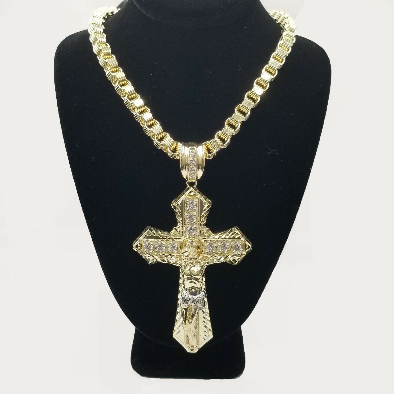 10k Gold Mens Byzantine Box Necklace 26" Cross Charm Pendant Jesus - GoldenlinQ