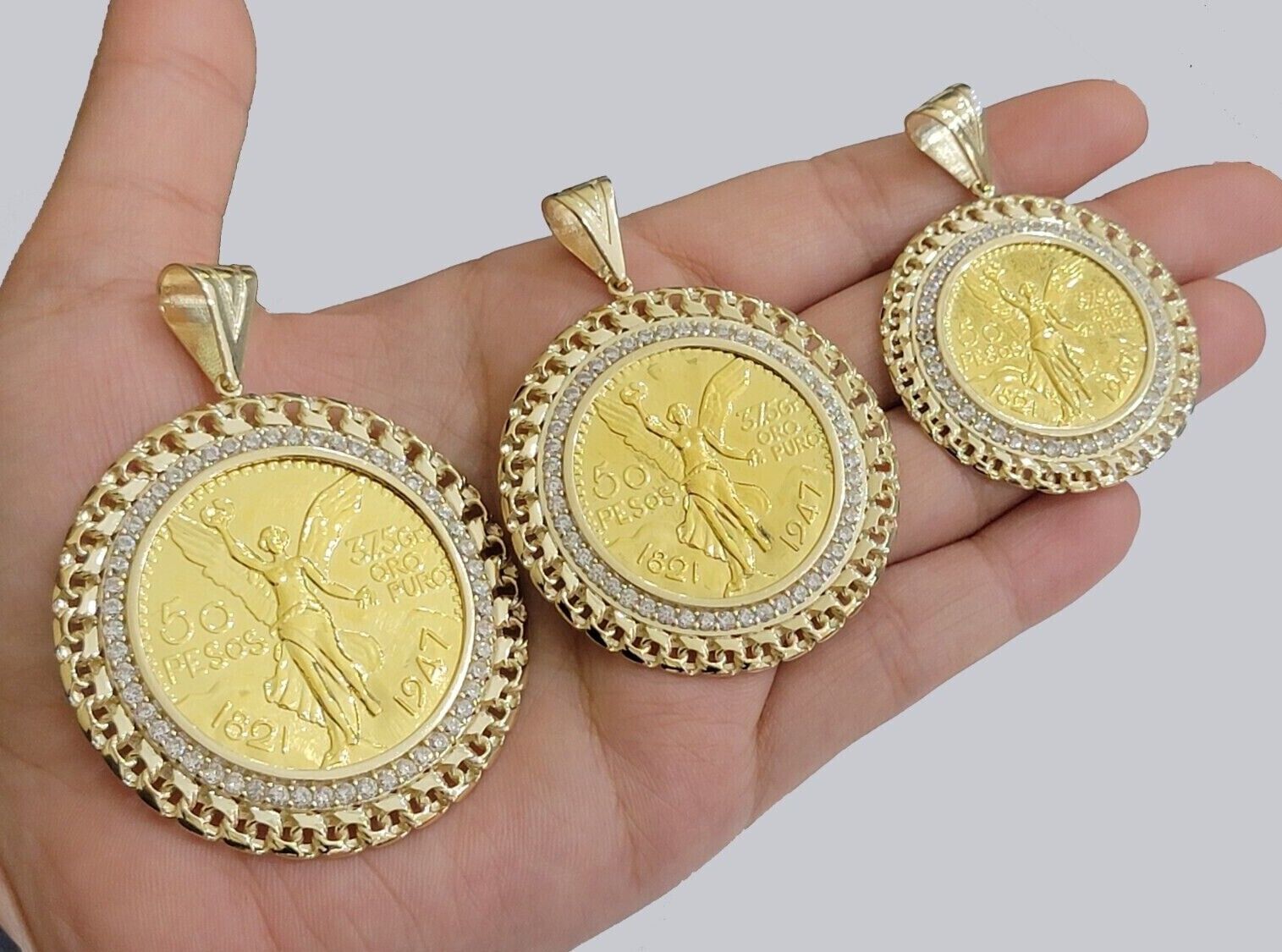 10k Gold Mexican Centenario Copy Coin Charm 50 Pesos Bezel 10kt Pendant Replica - GoldenlinQ