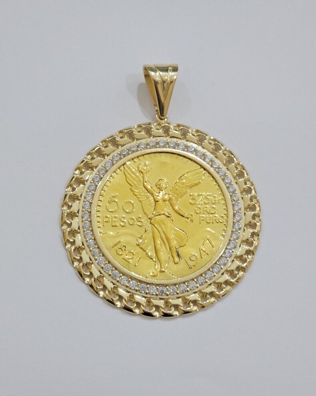 10k Gold Mexican Centenario Copy Coin Charm 50 Pesos Bezel 10kt Pendant Replica - GoldenlinQ