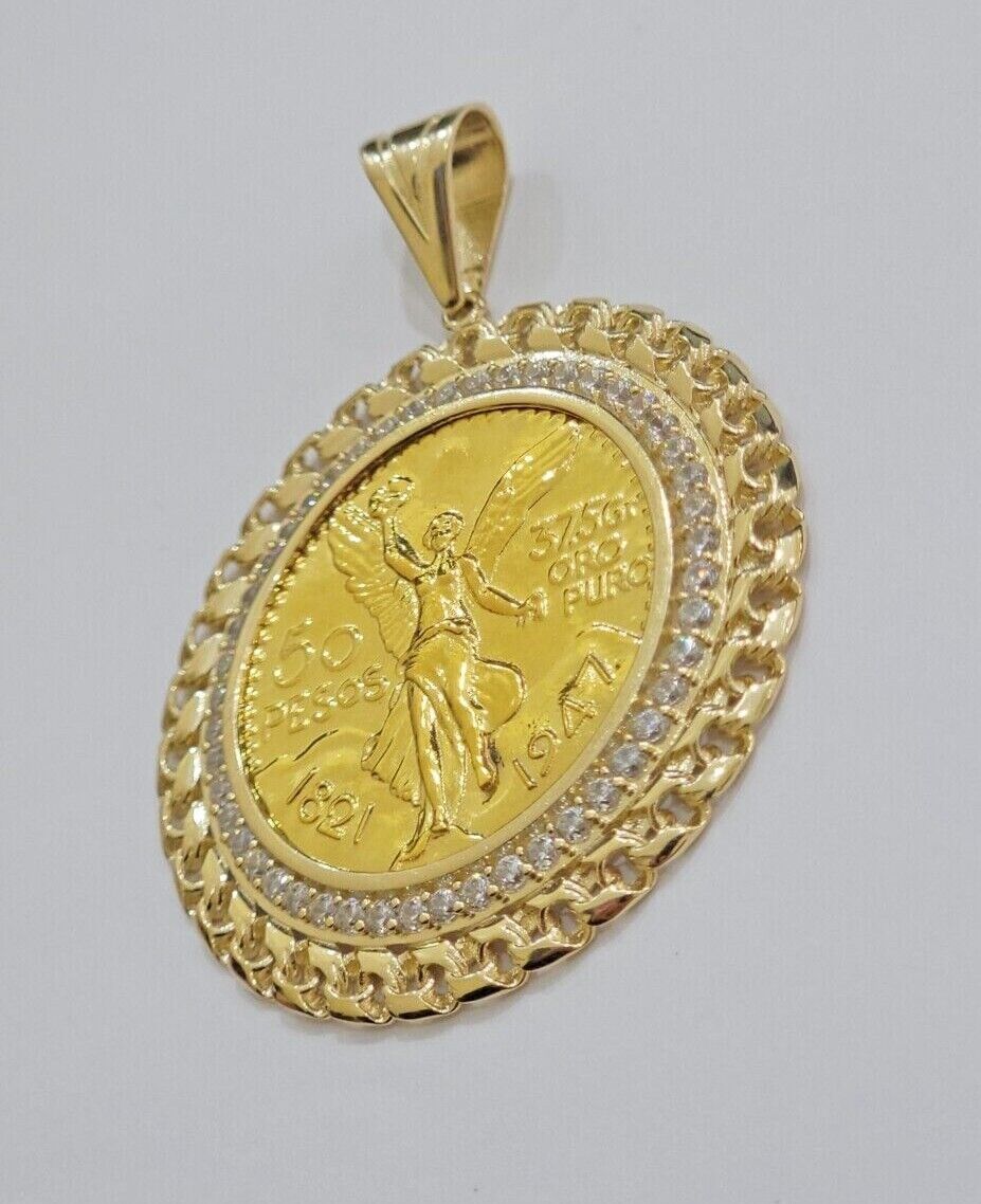 10k Gold Mexican Centenario Copy Coin Charm 50 Pesos Bezel 10kt Pendant Replica - GoldenlinQ