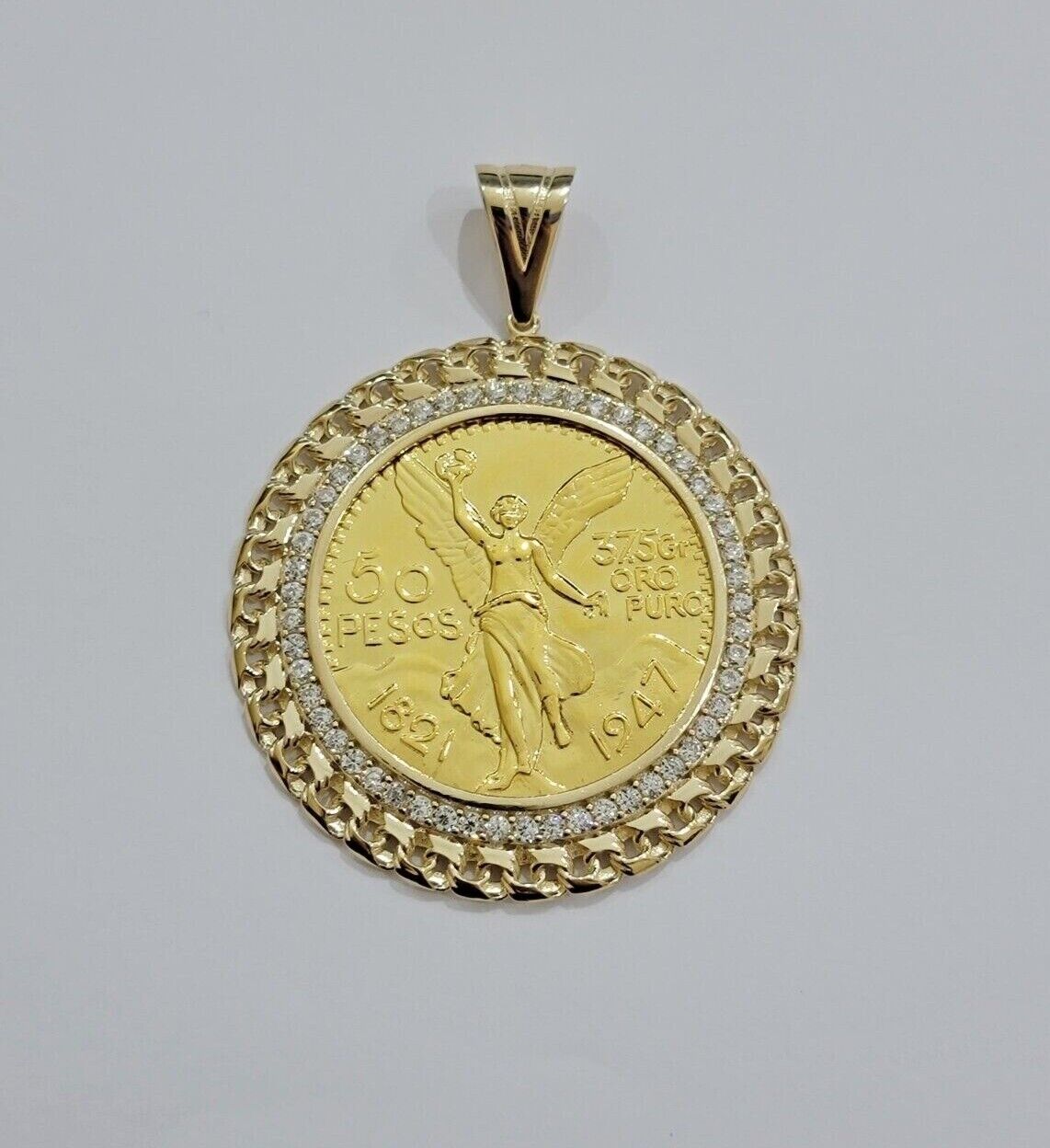 10k Gold Mexican Centenario Copy Coin Charm 50 Pesos Bezel 10kt Pendant Replica - GoldenlinQ