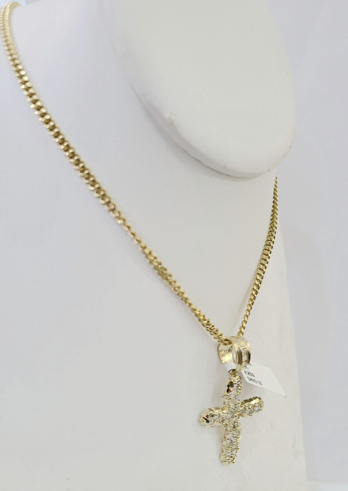 10k Gold Miami Cuban Chain & Cross Charm \ Pendent SET 3mm 20 Inches Necklace - GoldenlinQ