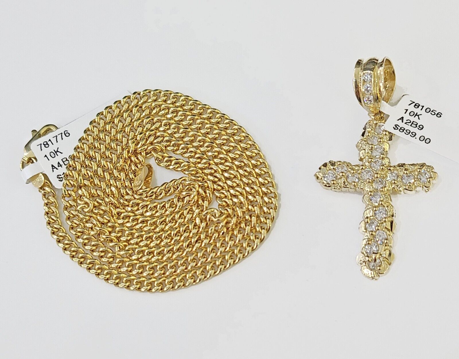 10k Gold Miami Cuban Chain & Cross Charm \ Pendent SET 3mm 20 Inches Necklace - GoldenlinQ