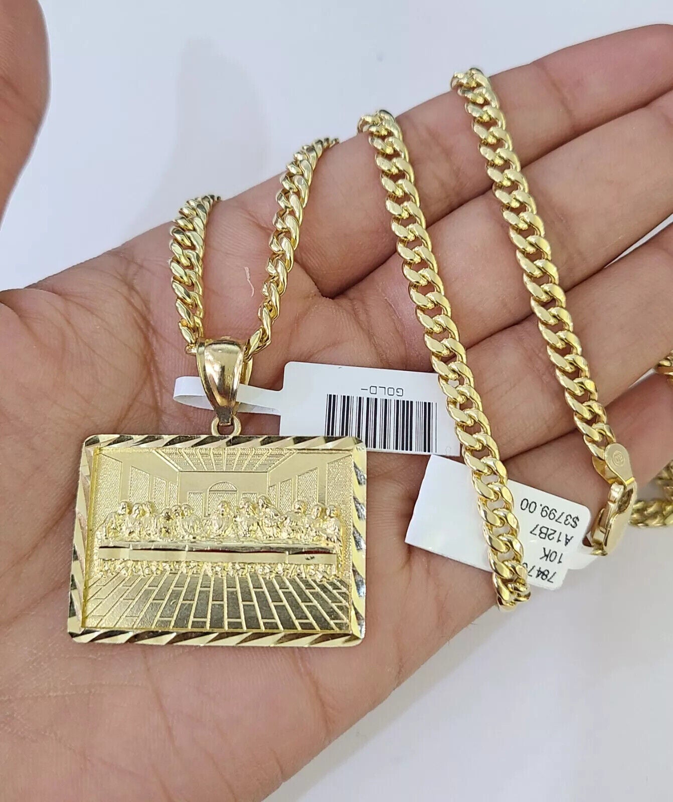 10k Gold Miami Cuban Link Chain Necklace 5mm & Last Supper Charm Pendant 18" - 26" - GoldenlinQ