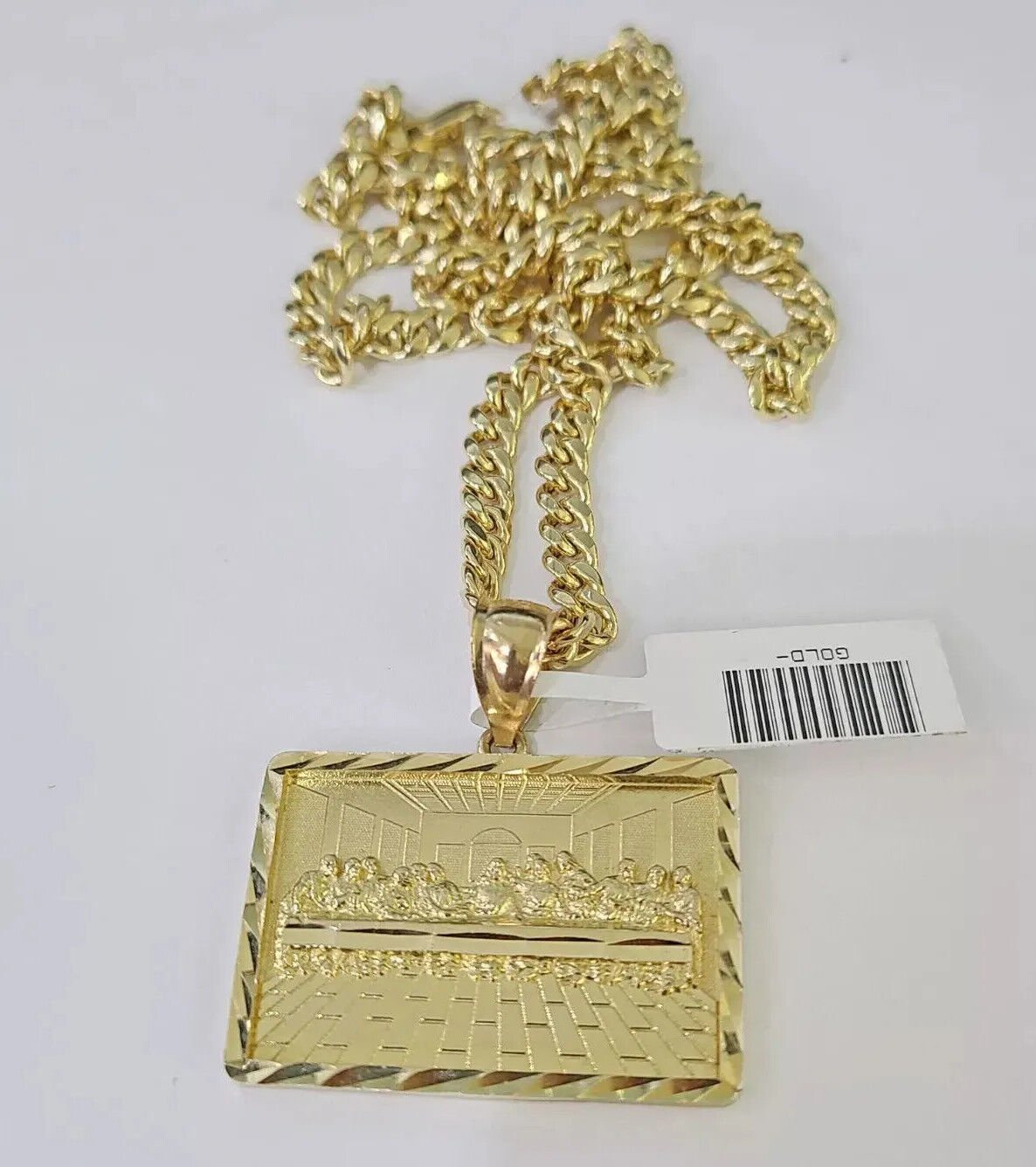 10k Gold Miami Cuban Link Chain Necklace 5mm & Last Supper Charm Pendant 18" - 26" - GoldenlinQ