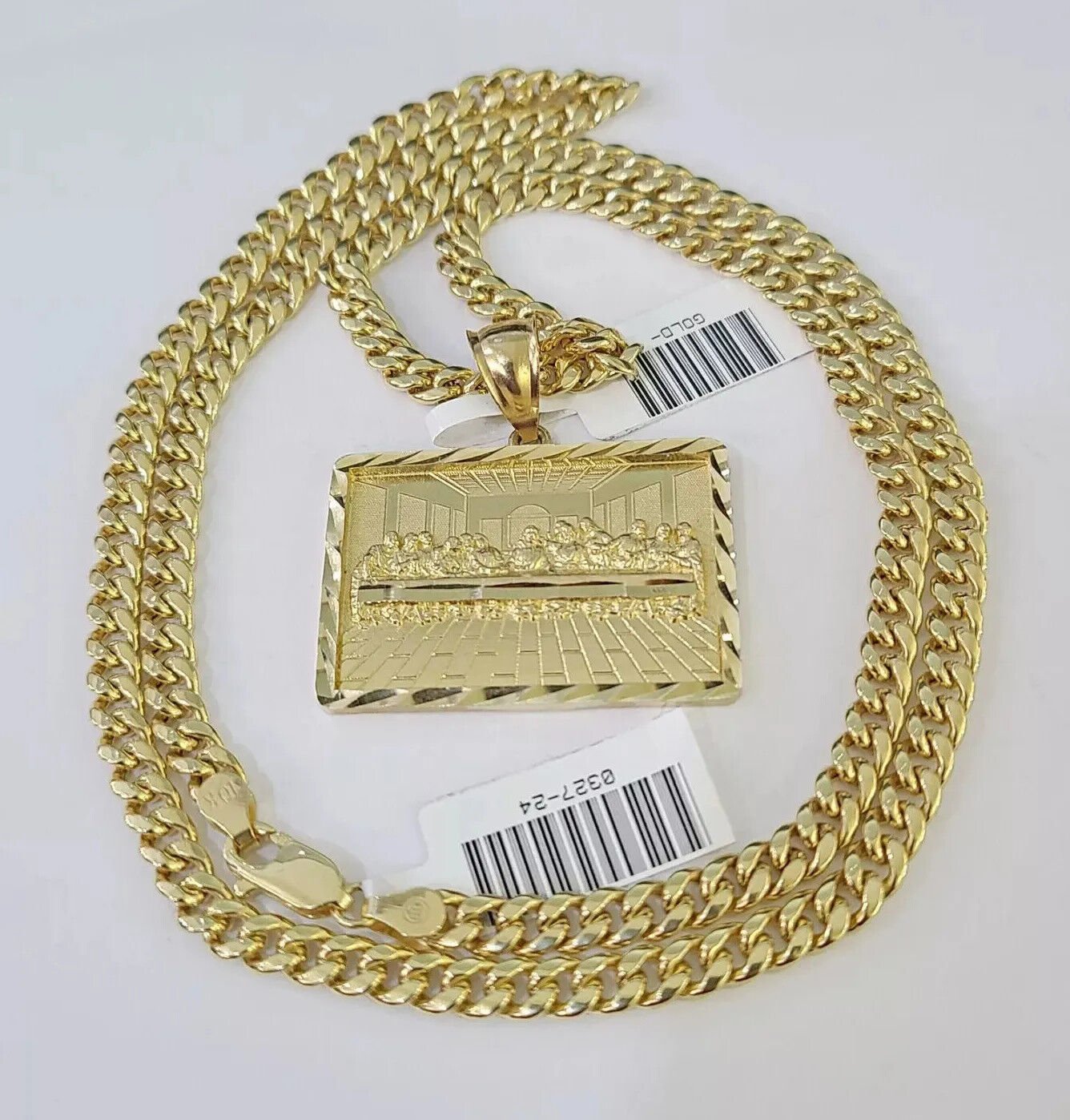 10k Gold Miami Cuban Link Chain Necklace 5mm & Last Supper Charm Pendant 18" - 26" - GoldenlinQ