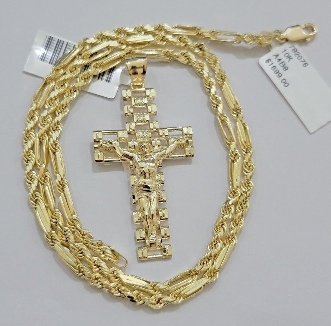 10k Gold Milano Rope Chain Jesus Cross Charm Pendant Set 18 - 24'' Inches Necklace - GoldenlinQ