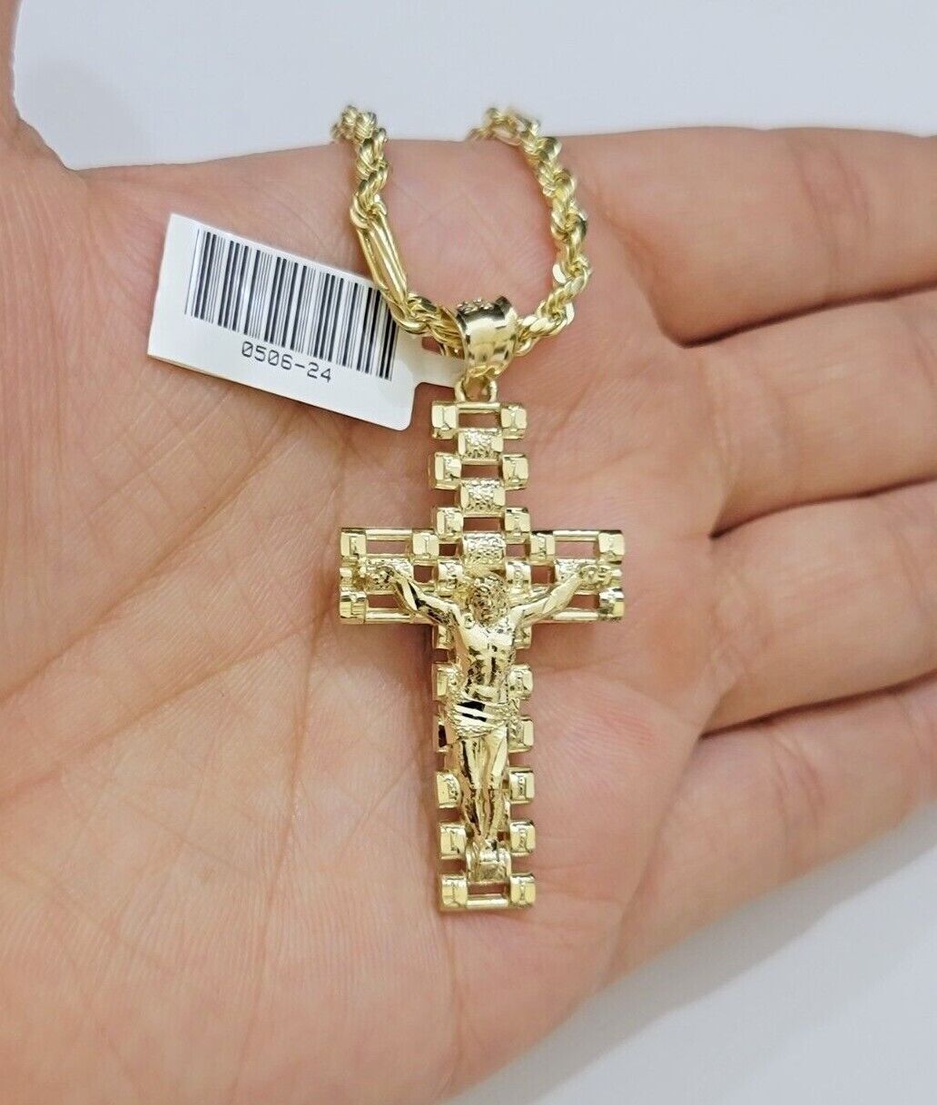 10k Gold Milano Rope Chain Jesus Cross Charm Pendant Set 18 - 24'' Inches Necklace - GoldenlinQ