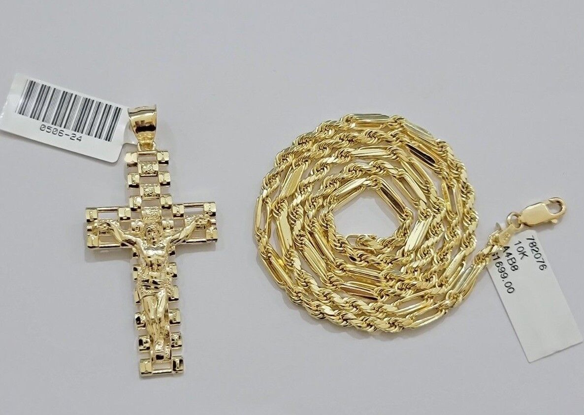 10k Gold Milano Rope Chain Jesus Cross Charm Pendant Set 18 - 24'' Inches Necklace - GoldenlinQ