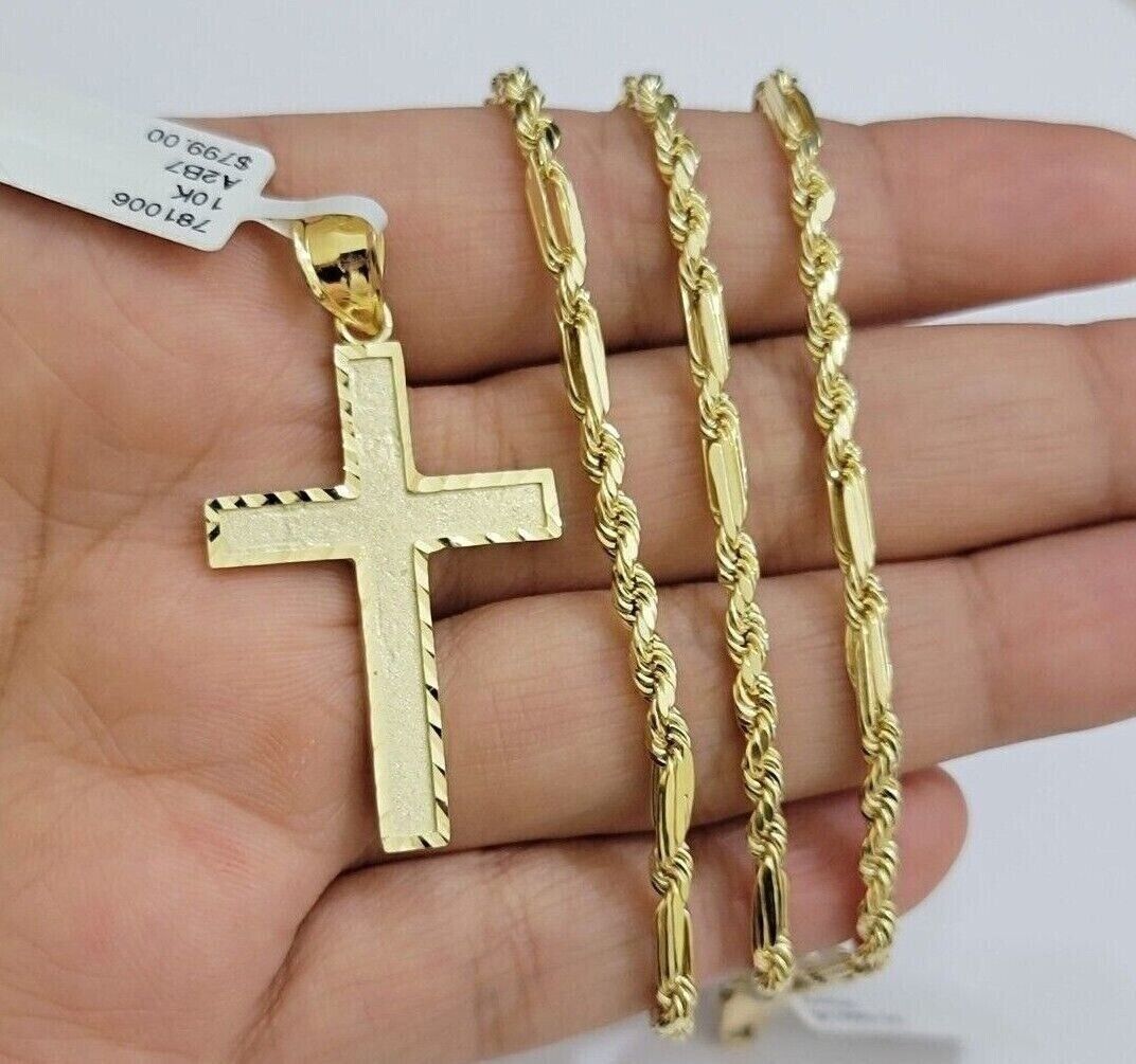 10k Gold Milano Rope Chain Plain Cross Charm Pendant Set 18 - 24'' Inches Necklace - GoldenlinQ