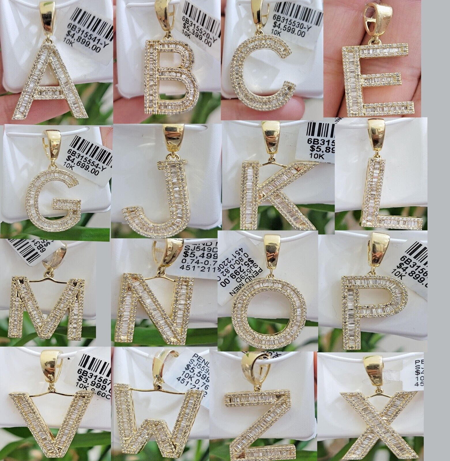 10k Gold Pendant Initial Charm Natural Diamond A - Z Alphabet Baguette & Round Dia - GoldenlinQ