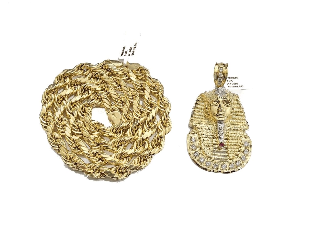 10k Gold Pharaoh Head Charm Rope Chain Necklace 8mm 22'' Set & Pendant 10kt REAL - GoldenlinQ