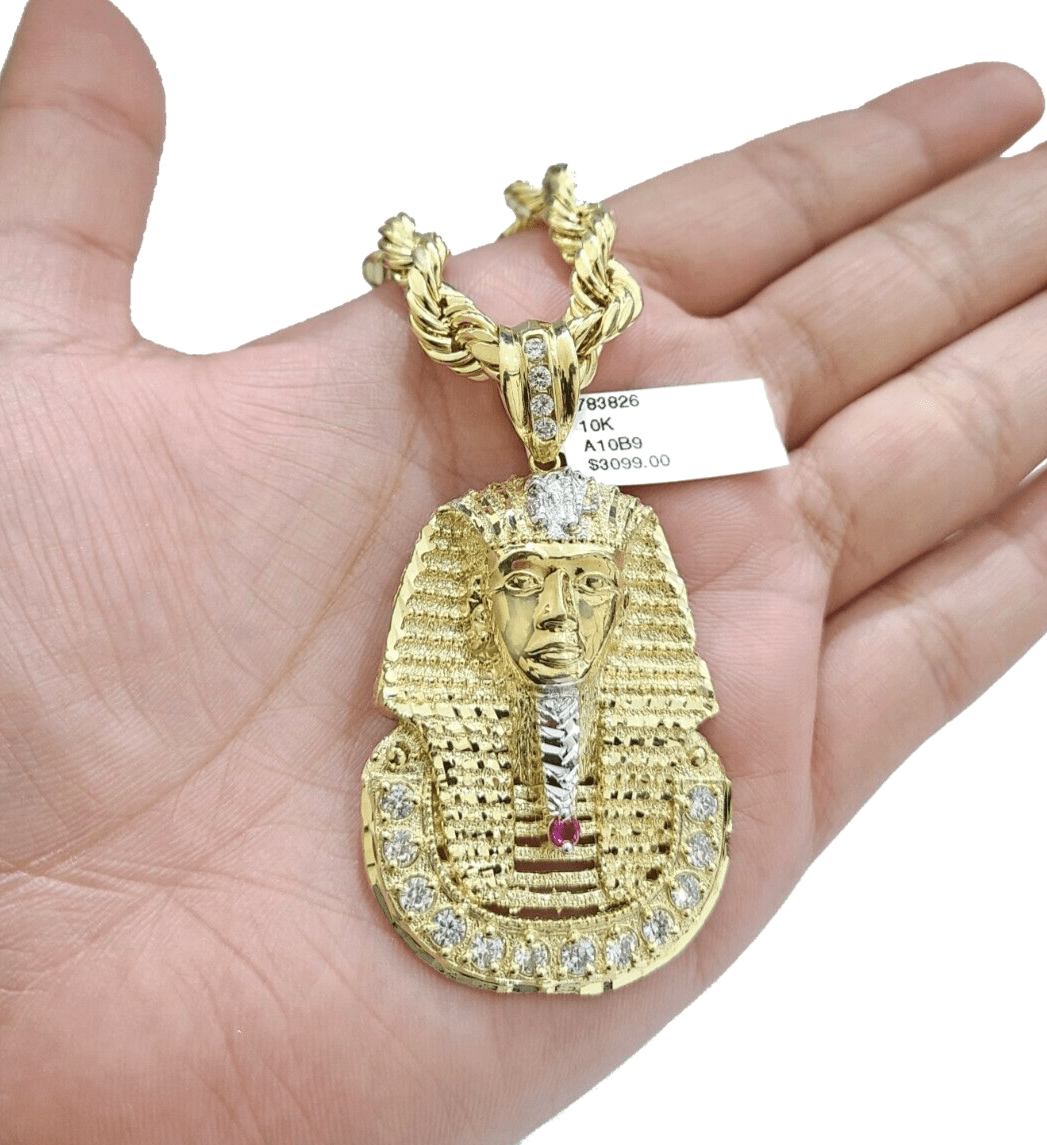 10k Gold Pharaoh Head Charm Rope Chain Necklace 8mm 24'' Set & Pendant 10kt REAL - GoldenlinQ