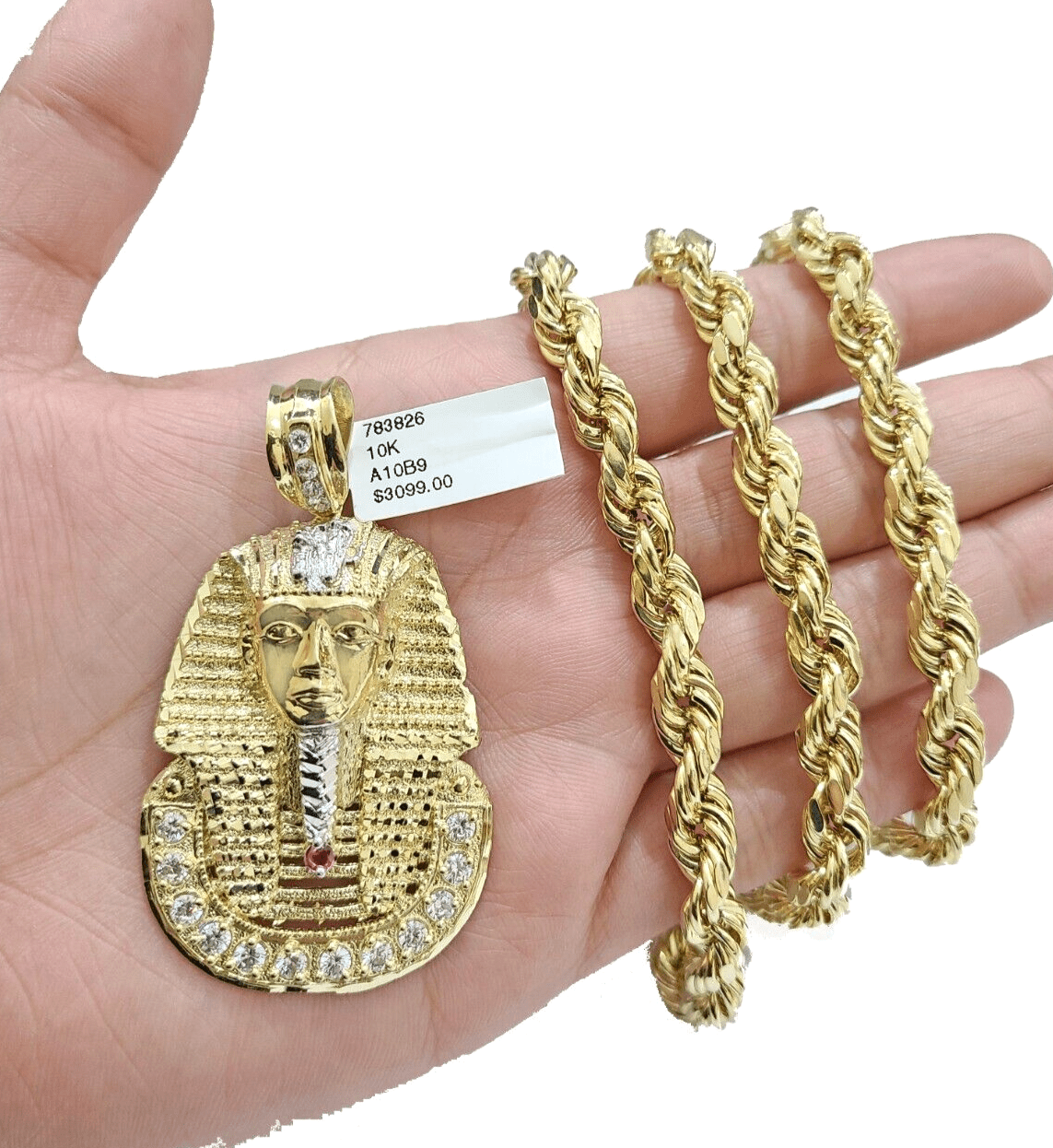10k Gold Pharaoh Head Charm Rope Chain Necklace 8mm 28'' Set & Pendant 10kt REAL - GoldenlinQ