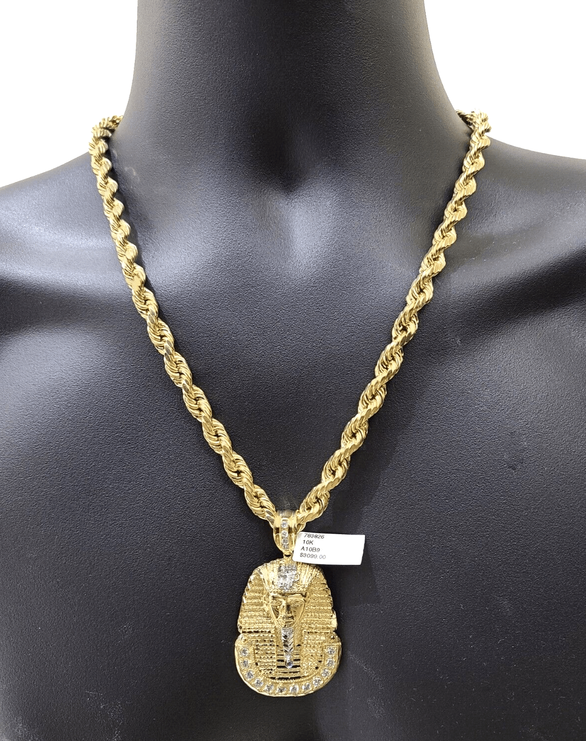 10k Gold Pharaoh Head Charm Rope Chain Necklace 8mm 28'' Set & Pendant 10kt REAL - GoldenlinQ