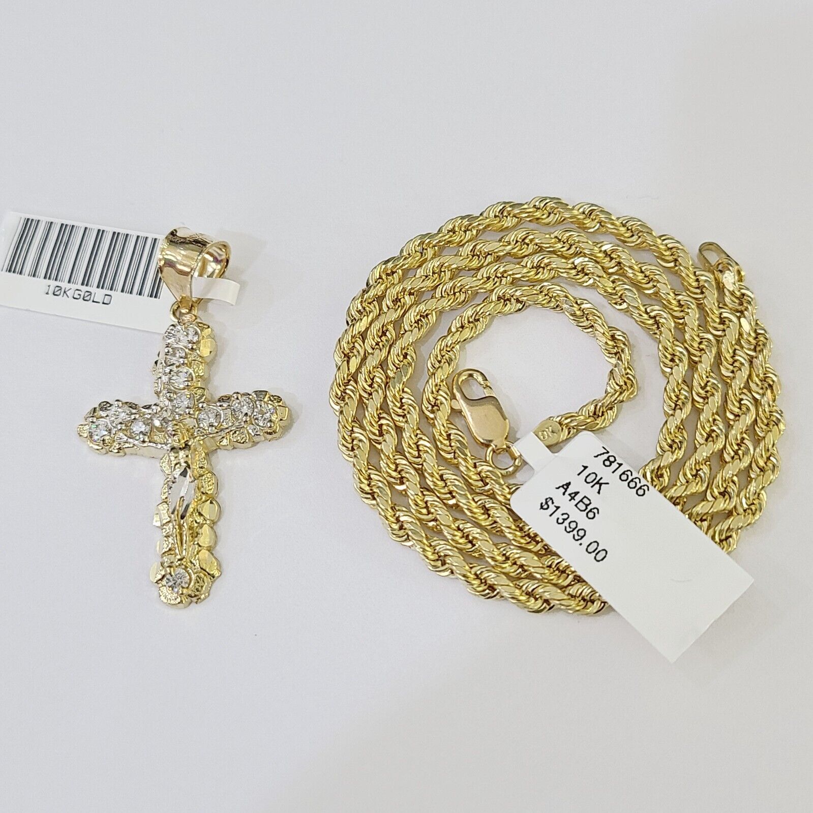 10K Gold Rope Chain 3mm Length 18" 20" 22" 24" 26" 28" 30" & Cross Charm - GoldenlinQ