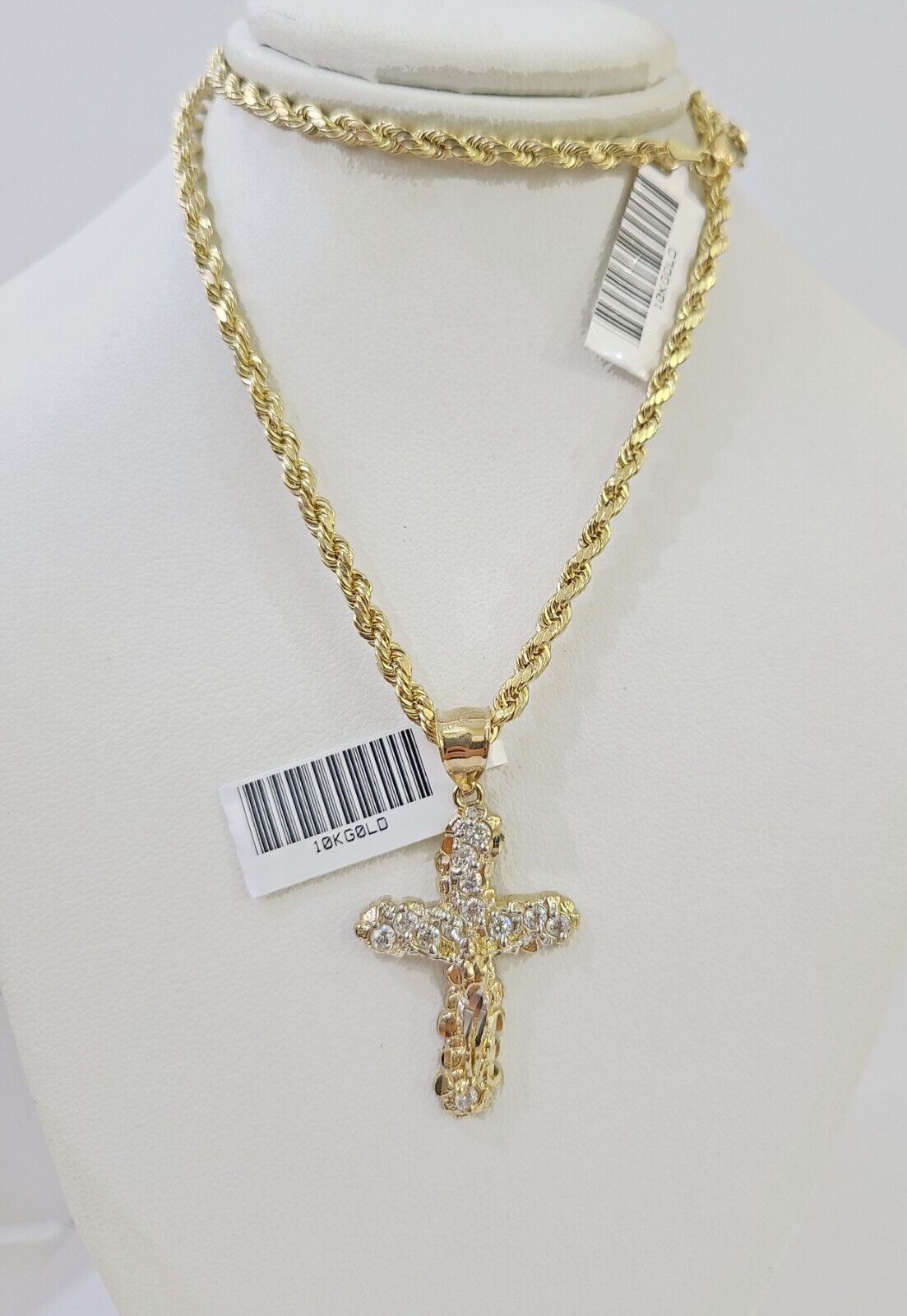 10K Gold Rope Chain 3mm Length 18" 20" 22" 24" 26" 28" 30" & Cross Charm - GoldenlinQ