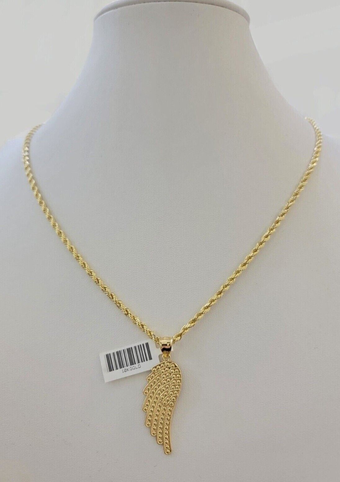 10k Gold Rope Chain Angel Wing Charm Pendant Set 18 - 28'' Inch 3mm Necklace REAL - GoldenlinQ