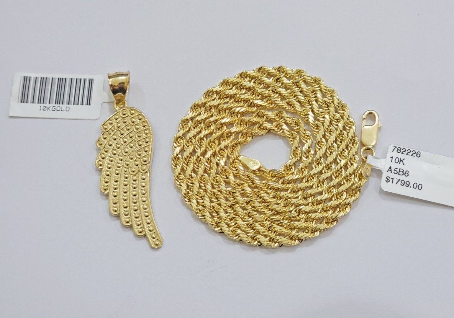 10k Gold Rope Chain Angel Wing Charm Pendant Set 22" Inch 3mm Necklace REAL SALE - GoldenlinQ