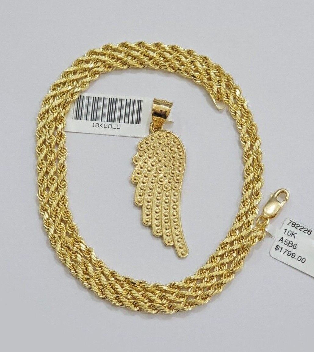 10k Gold Rope Chain Angel Wing Charm Pendant Set 22" Inch 3mm Necklace REAL SALE - GoldenlinQ