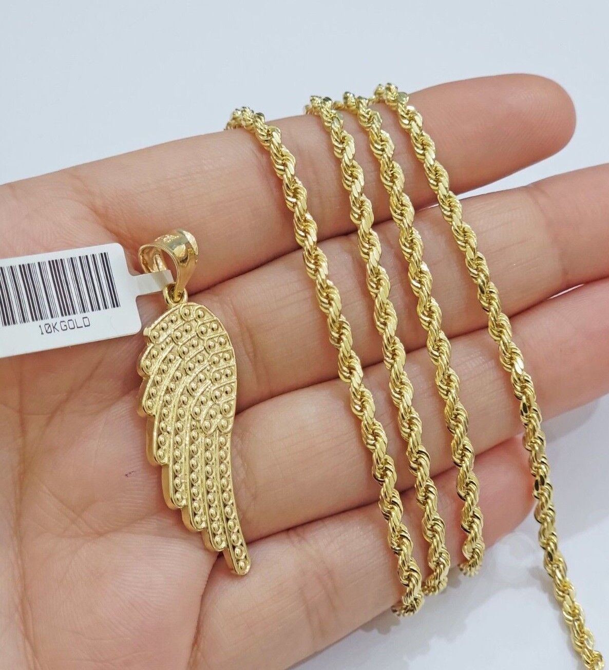 10k Gold Rope Chain Angel Wing Charm Pendant Set 22" Inch 3mm Necklace REAL SALE - GoldenlinQ