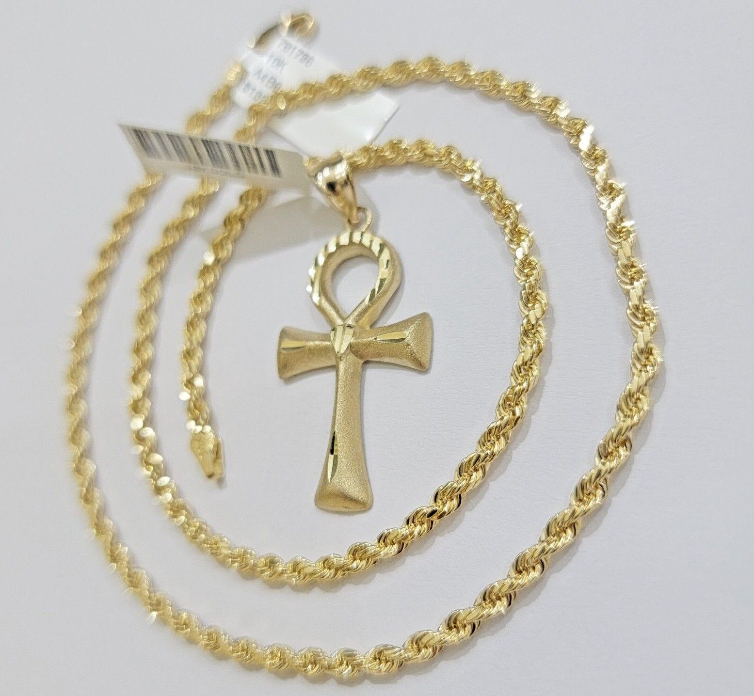 10k Gold Rope Chain Ankh Cross Charm Pendant Set 18" - 28" inch 3mm Necklace, REAL - GoldenlinQ