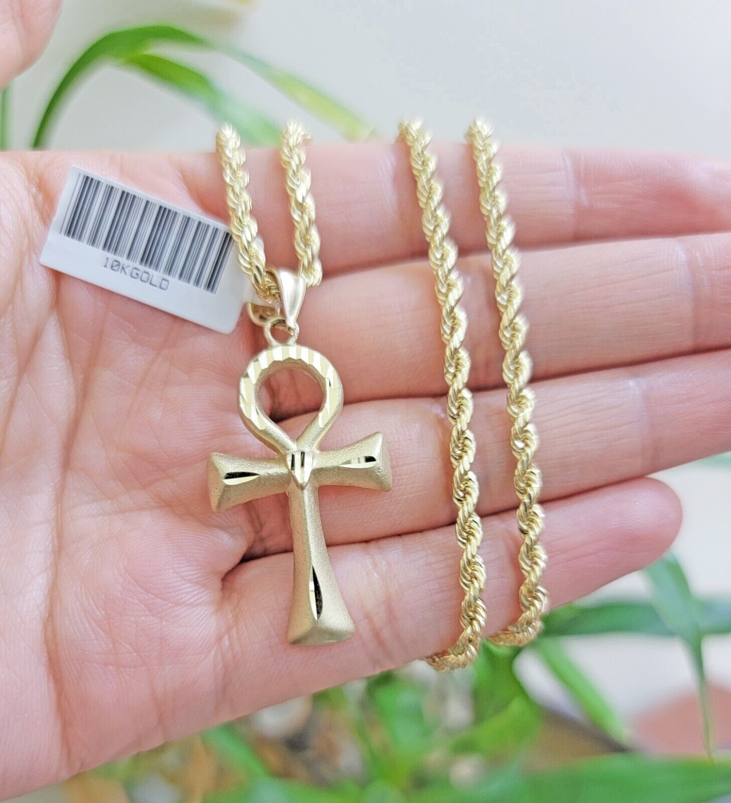 10k Gold Rope Chain Ankh Cross Charm Pendant Set 18" Inch 3mm Necklace, REAL SET - GoldenlinQ
