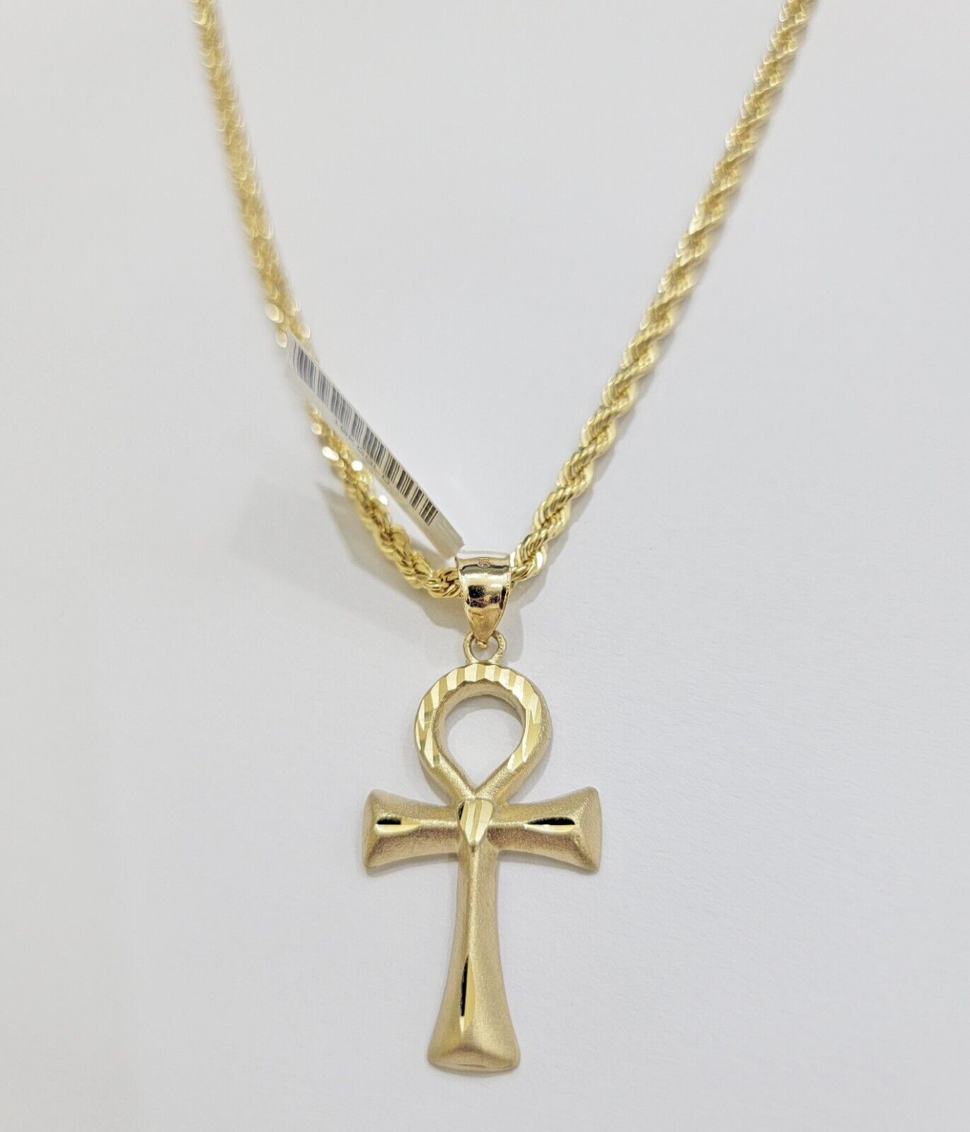 10k Gold Rope Chain Ankh Cross Charm Pendant Set 18" Inch 3mm Necklace, REAL SET - GoldenlinQ