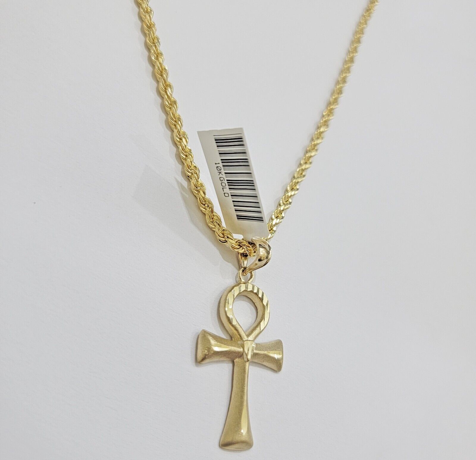 10k Gold Rope Chain Ankh Cross Charm Pendant Set 18" Inch 3mm Necklace, REAL SET - GoldenlinQ