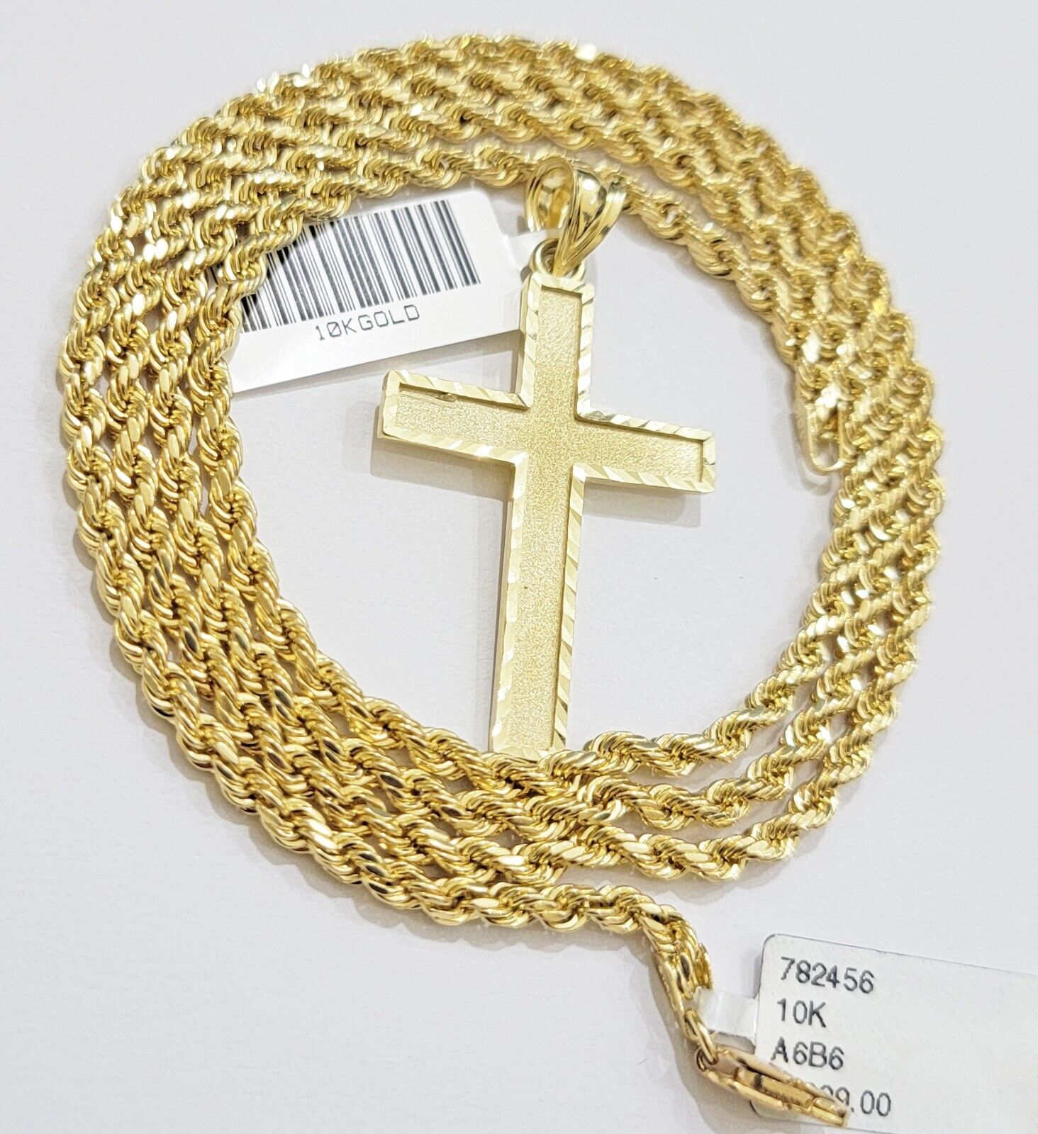 10k Gold Rope Chain Cross Charm Pendant Set 18" - 28" inch 3mm Necklace, REAL 10KT - GoldenlinQ