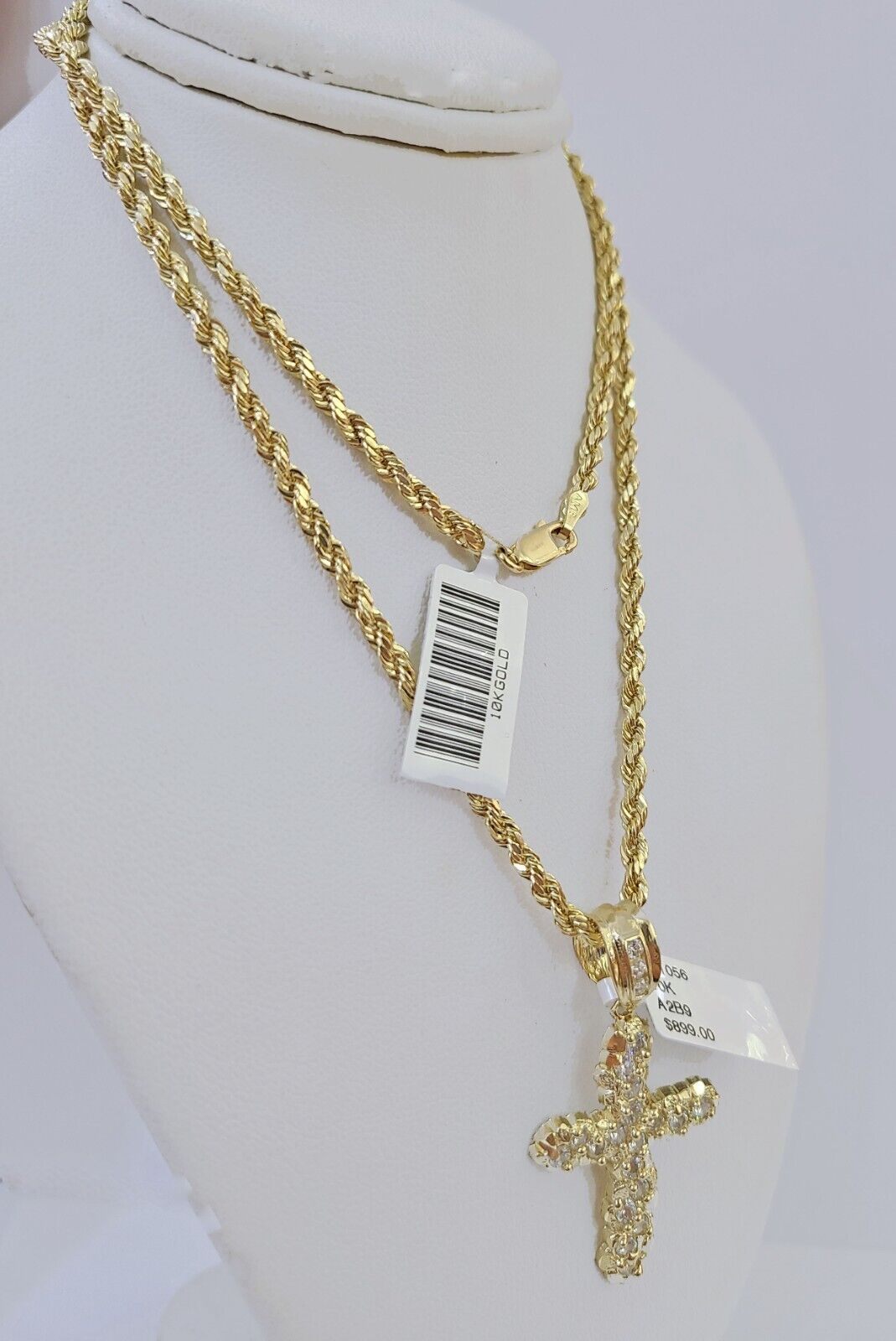 10k Gold Rope Chain & Cross Charm Pendent SET 3mm 22 Inches Necklace , Real 10kt - GoldenlinQ