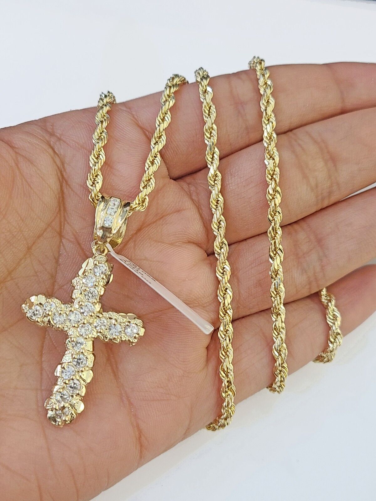 10k Gold Rope Chain & Cross Charm Pendent SET 3mm 22 Inches Necklace , Real 10kt - GoldenlinQ