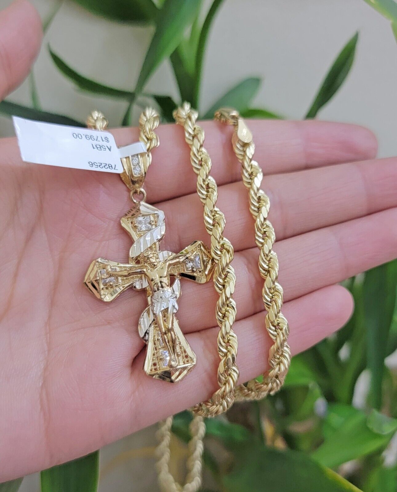 10k Gold Rope Chain Cross Charm Set Necklace 24" inch 5mm Jesus Pendant REAL 10K - GoldenlinQ