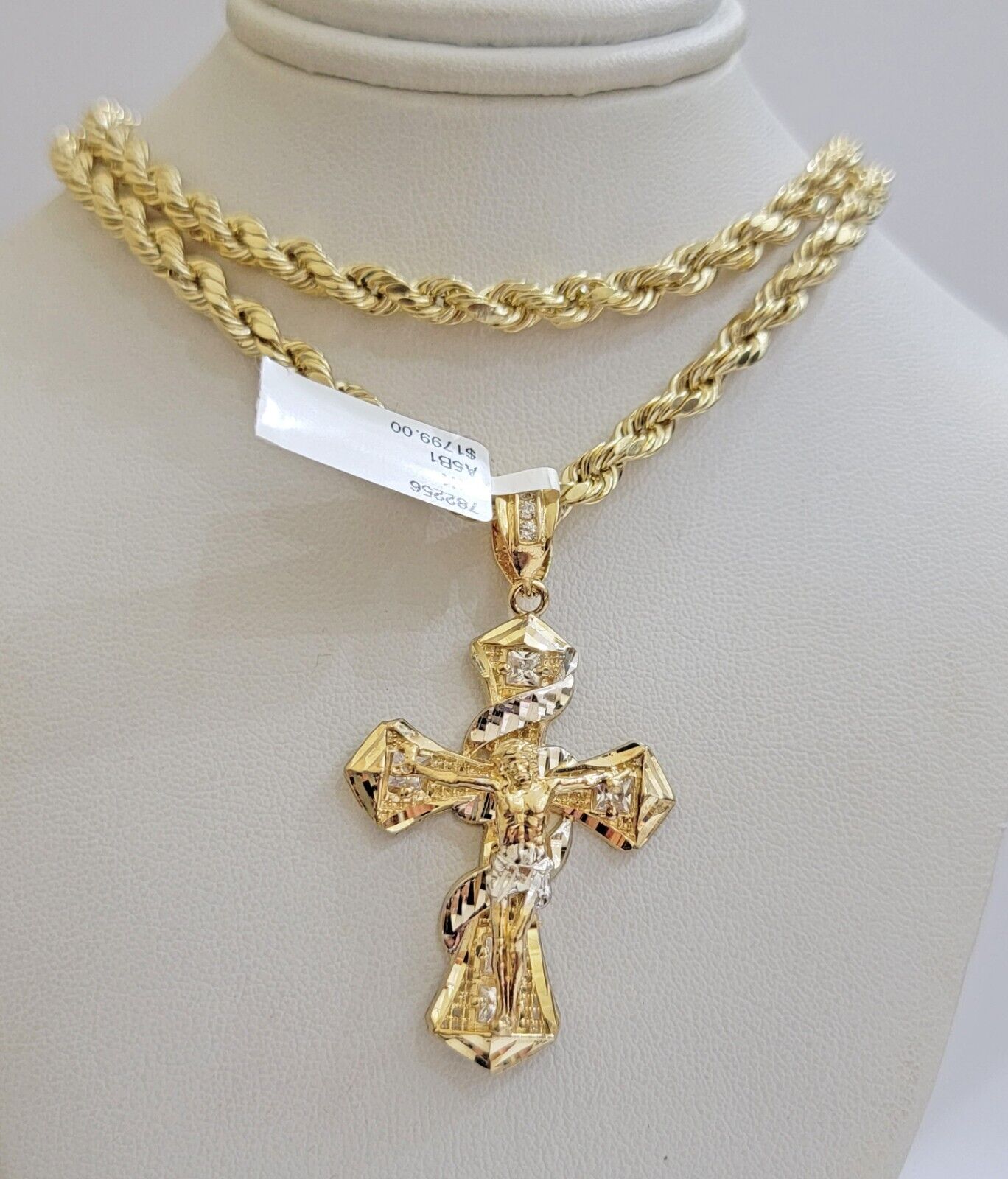 10k Gold Rope Chain Cross Charm Set Necklace 26" inch 5mm Jesus Pendant REAL 10K - GoldenlinQ