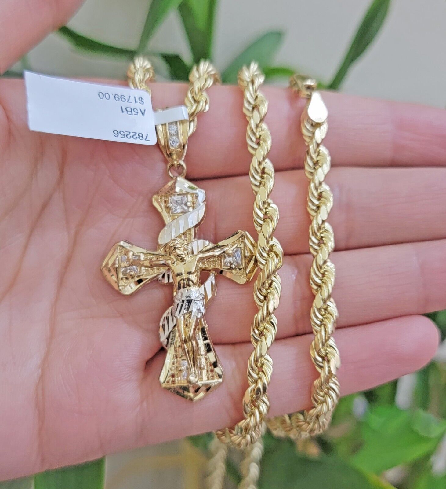 10k Gold Rope Chain Cross Charm Set Necklace 26" inch 5mm Jesus Pendant REAL 10K - GoldenlinQ