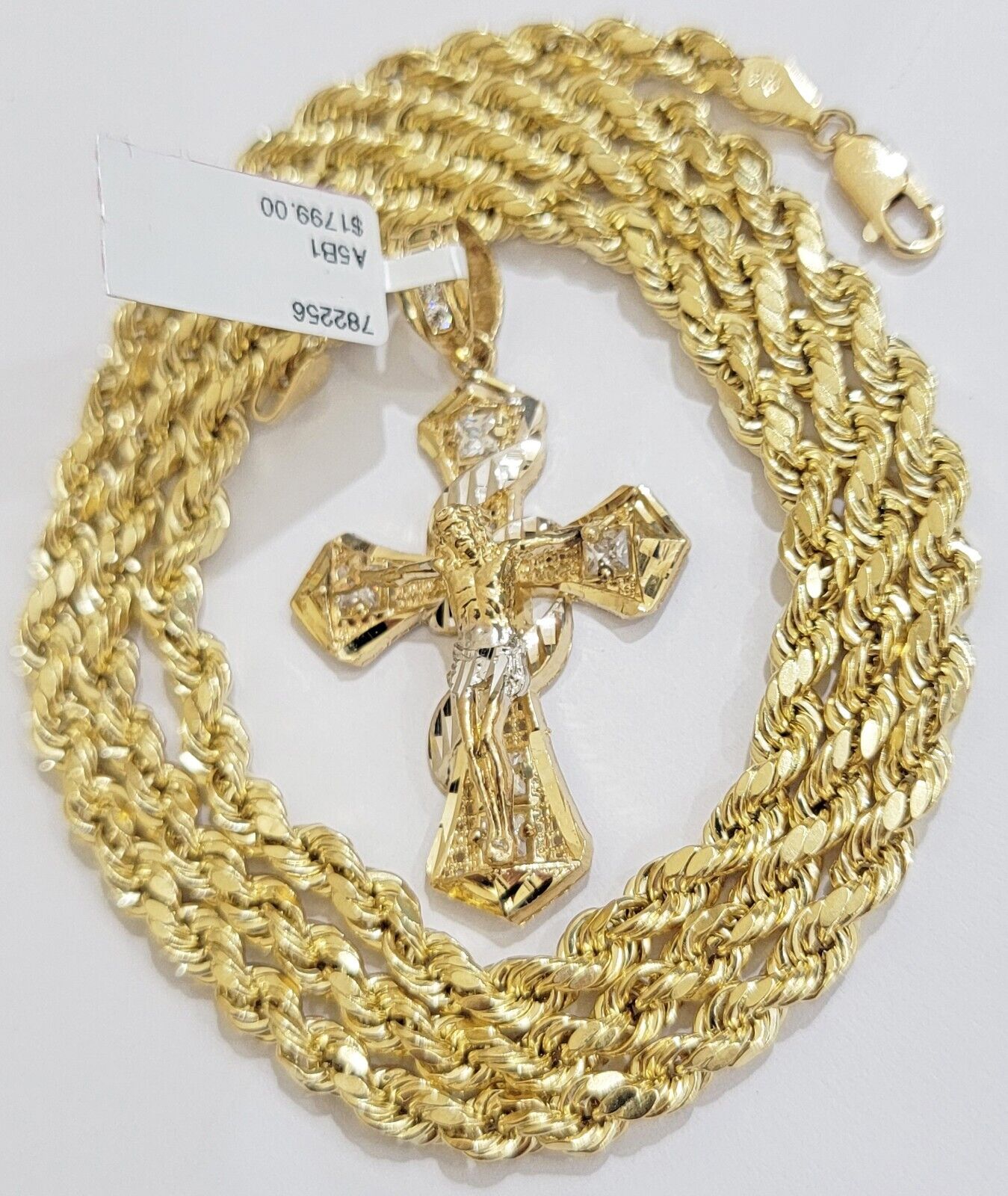10k Gold Rope Chain Cross Charm Set Necklace 26" inch 5mm Jesus Pendant REAL 10K - GoldenlinQ