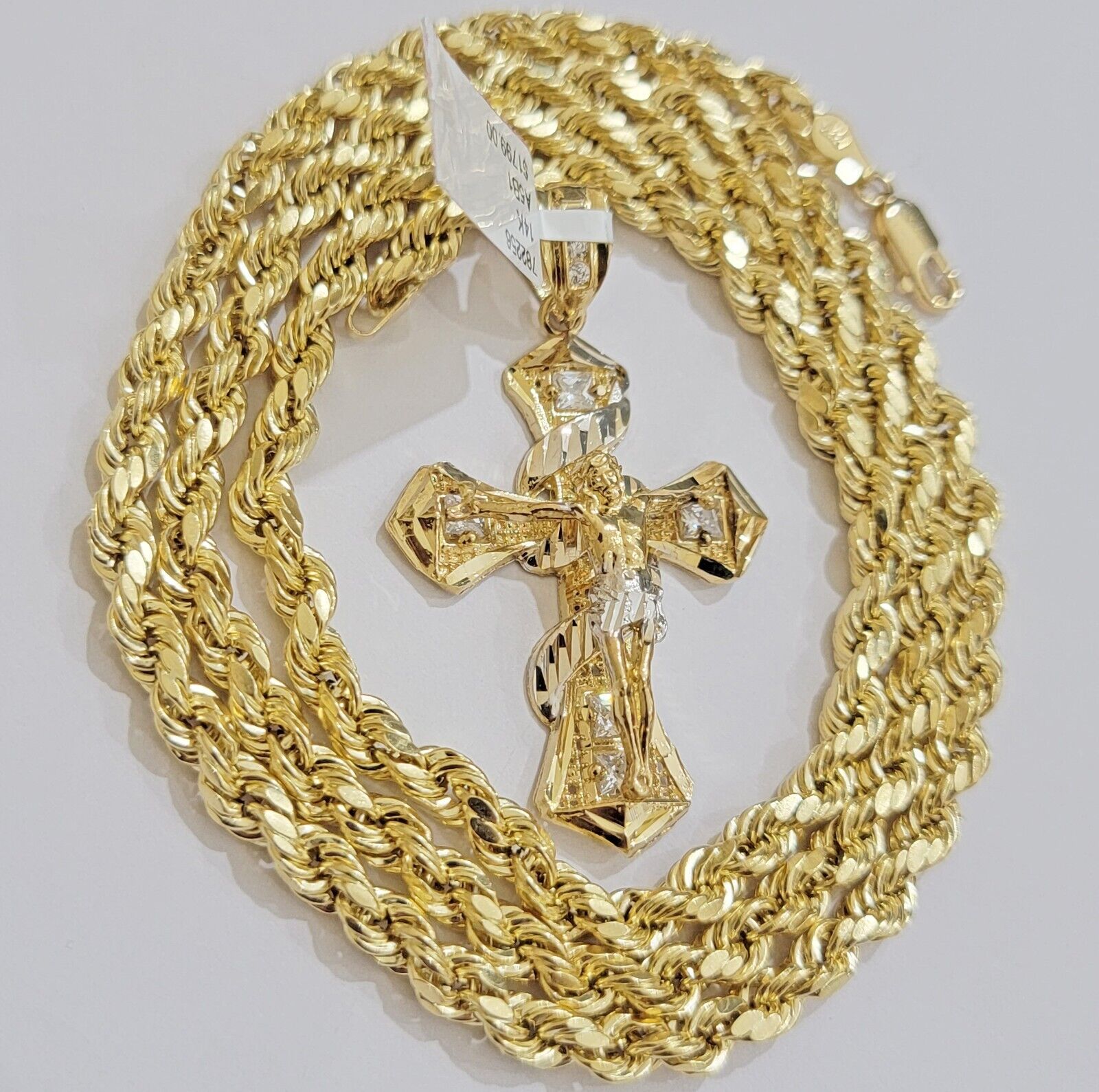 10k Gold Rope Chain Cross Charm Set Necklace 26" inch 5mm Jesus Pendant REAL 10K - GoldenlinQ