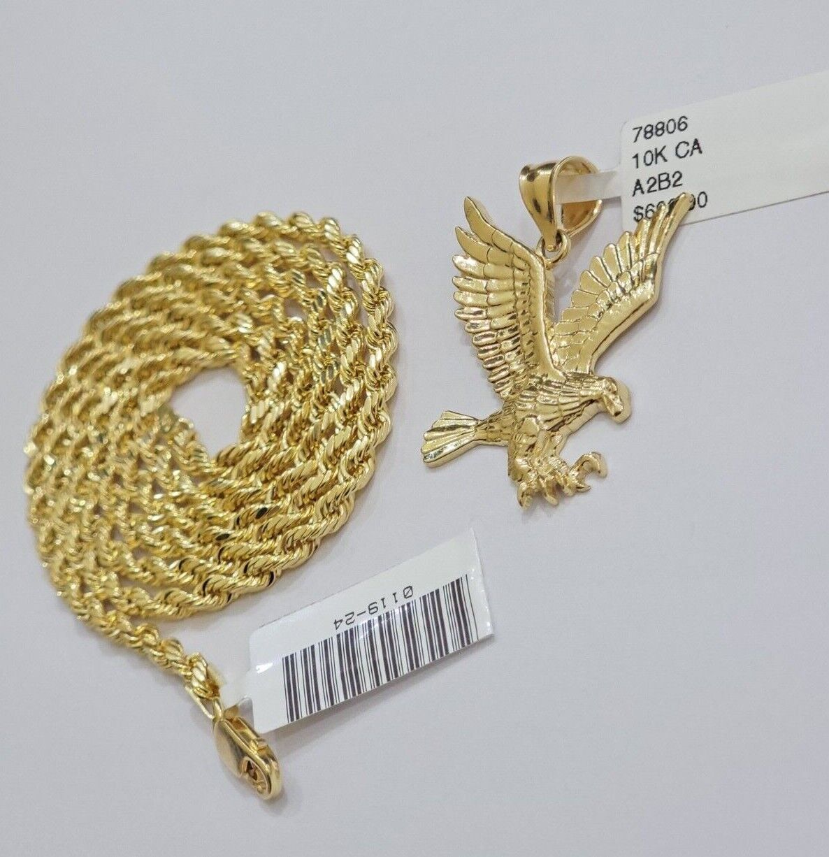 10k Gold Rope Chain Eagle Charm Pendant Set 22'' Inches 3mm Necklace REAL SALE - GoldenlinQ