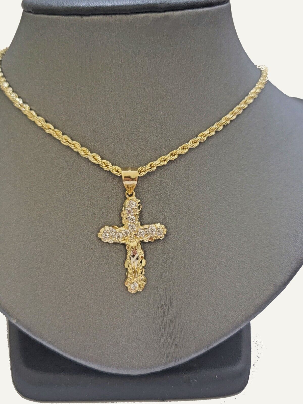 10k Gold Rope Chain Jesus Cross Charm Pendant Set 18 - 28" inch 3mm Necklace, REAL - GoldenlinQ